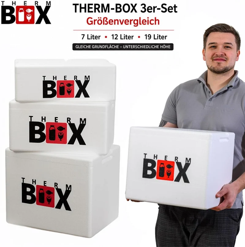 THERM BOX 3er Set Styroporbox 7W 12W 19W Innen L33,5 x B23,5 cm Innenhöhen 9/15/27 cm Wandstärke 3 c