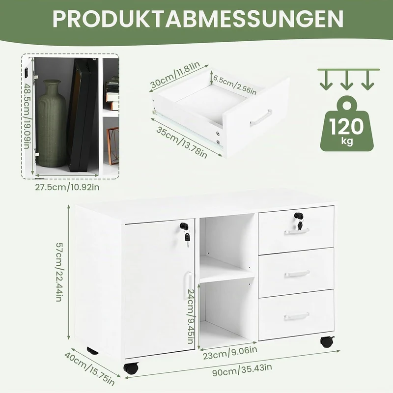 Rollcontainer Abschliessbar mit 3 Schubladen, 2 Offenen Fächern und Einer Tür, Abschliessbar Bürosch