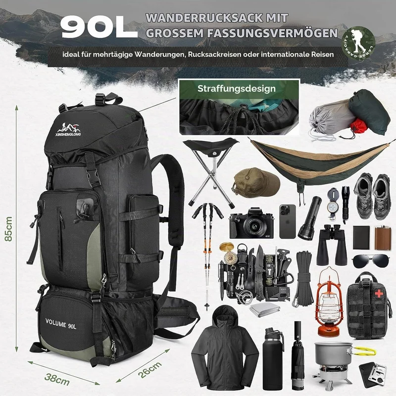 90L wasserdichte Wanderrucksack für Männer, Rucksäcke mit grosser Kapazität mit Mehrkompartiment, le