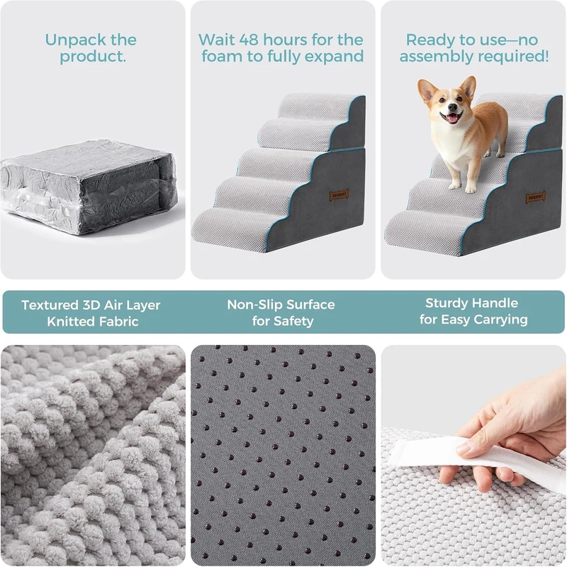 Hundetreppe & Rampe für hohes Bett & Sofa, 33-61 cm abnehmbare Haustiertreppe für kleine & mittlere