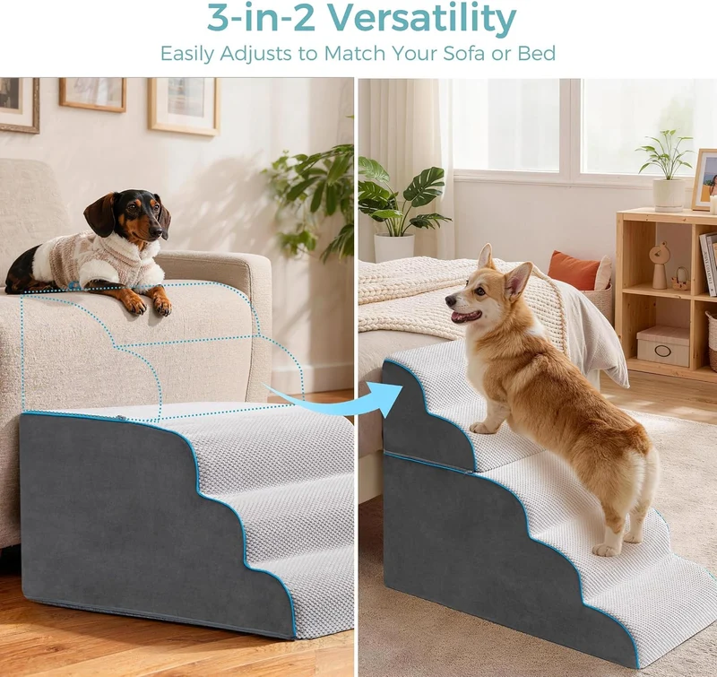 Hundetreppe & Rampe für hohes Bett & Sofa, 33-61 cm abnehmbare Haustiertreppe für kleine & mittlere