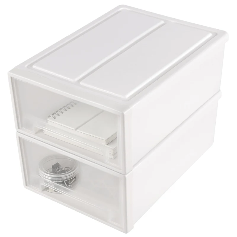 2 Stück Schubladenbox Kunststoff Weiss, 30 x 22 x 12cm Stapelbare Schreibtisch Organizer mit Schubla