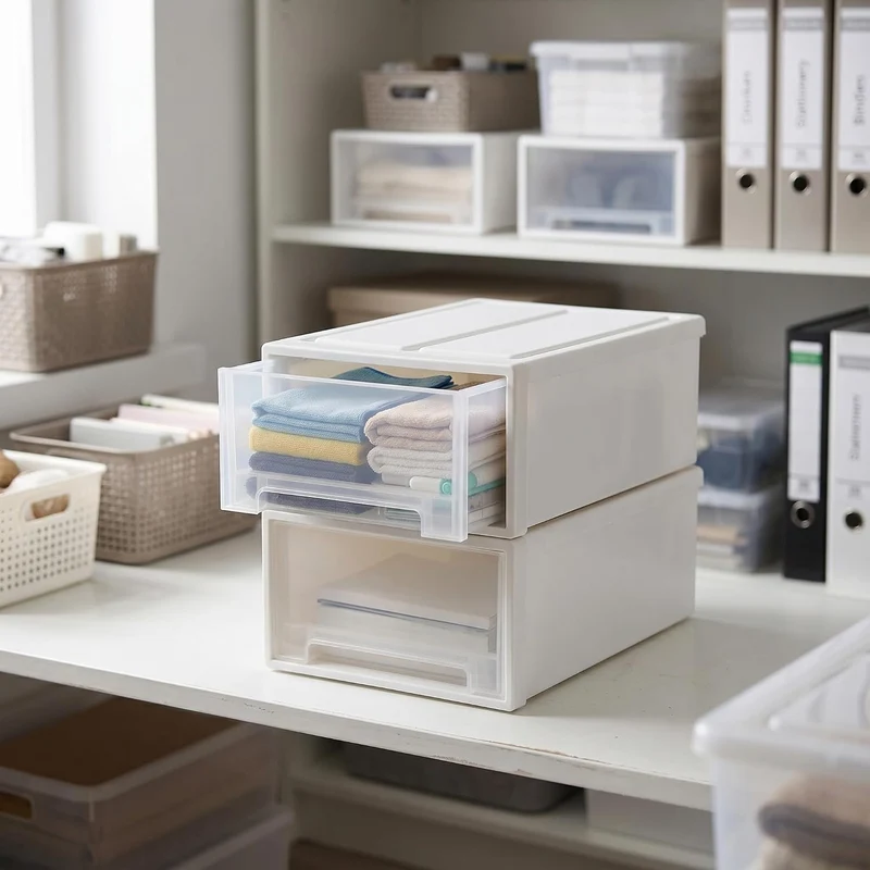 2 Stück Schubladenbox Kunststoff Weiss, 30 x 22 x 12cm Stapelbare Schreibtisch Organizer mit Schubla