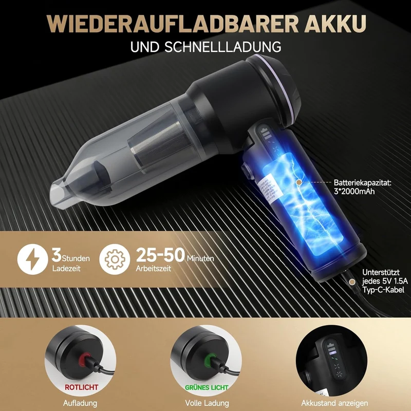 Handstaubsauger Kabellos 26000Pa für Tierhaare, Auto & Küche | Tragbarer Mini-Staubsauger mit Bürste