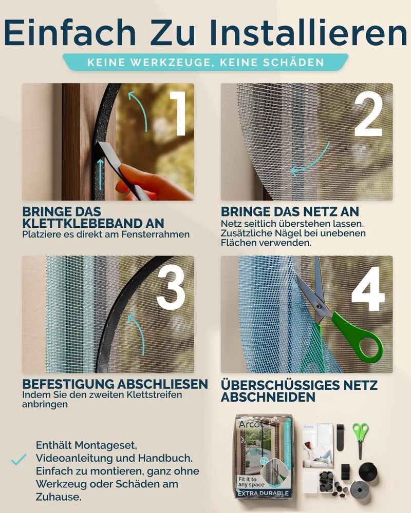 ARCOL Fliegengitter Fenster mit Magnet 155x115h cm Zuschneidbar - Moskitonetz mit Klettverschluss -