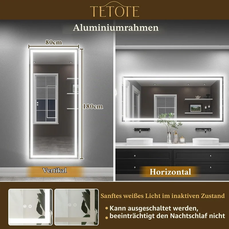 TETOTE Badspiegel mit Beleuchtung Beschlagfrei 180x80cm, Badezimmerspiegel Beleuchtet Badezimmer Wan
