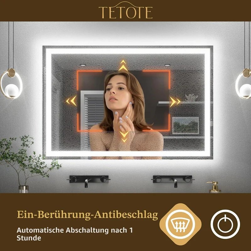 TETOTE Badspiegel mit Beleuchtung Beschlagfrei 180x80cm, Badezimmerspiegel Beleuchtet Badezimmer Wan