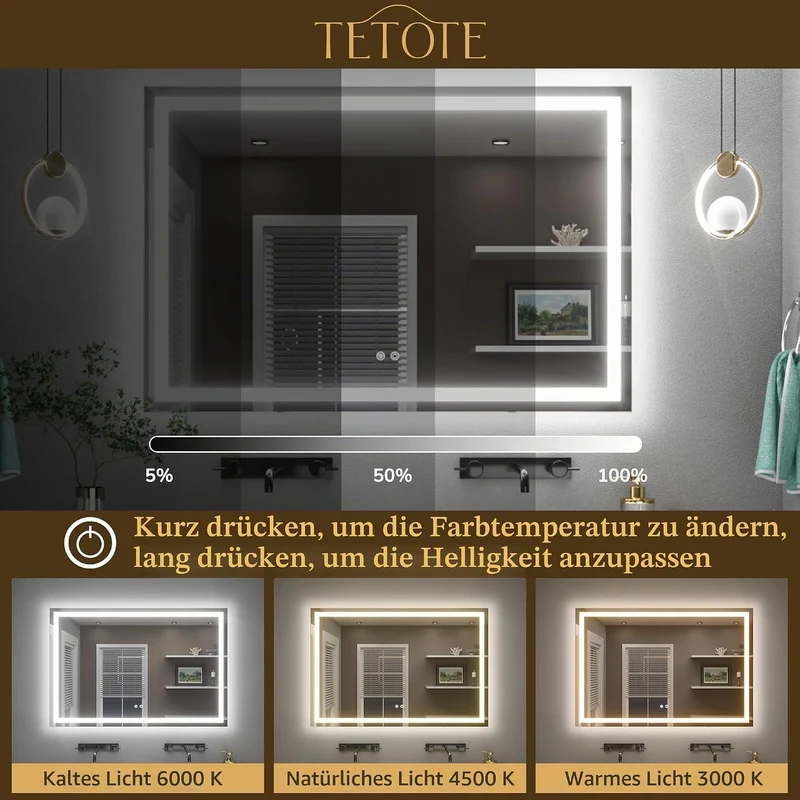 TETOTE Badspiegel mit Beleuchtung Beschlagfrei 180x80cm, Badezimmerspiegel Beleuchtet Badezimmer Wan