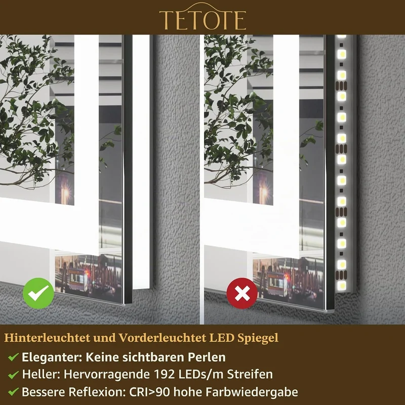 TETOTE Badspiegel mit Beleuchtung Beschlagfrei 180x80cm, Badezimmerspiegel Beleuchtet Badezimmer Wan