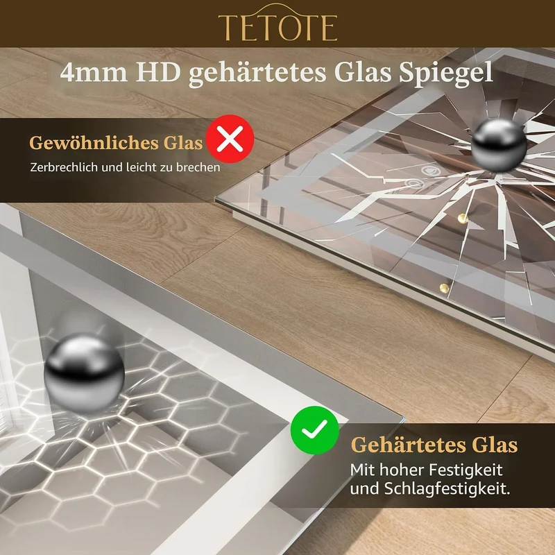 TETOTE Badspiegel mit Beleuchtung Beschlagfrei 180x80cm, Badezimmerspiegel Beleuchtet Badezimmer Wan
