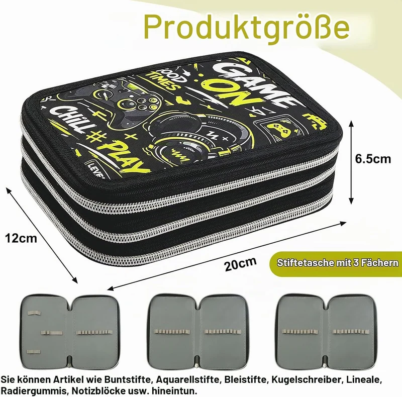 Gaming Federmäppchen Jungen 3 Fächer, Grosse Kapazität Federtasche 3fach Leer, Cooles Game Stifteetu