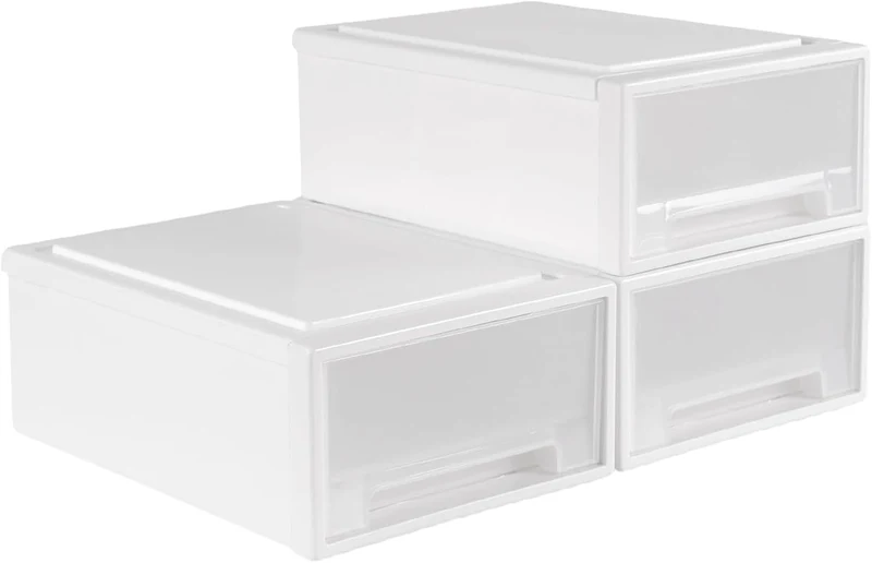 3 Stück 27 x 18 x 10cm Weiss Schubladenbox Kunststoff, Stapelbare Schubladenboxen, Schreibtisch Orga