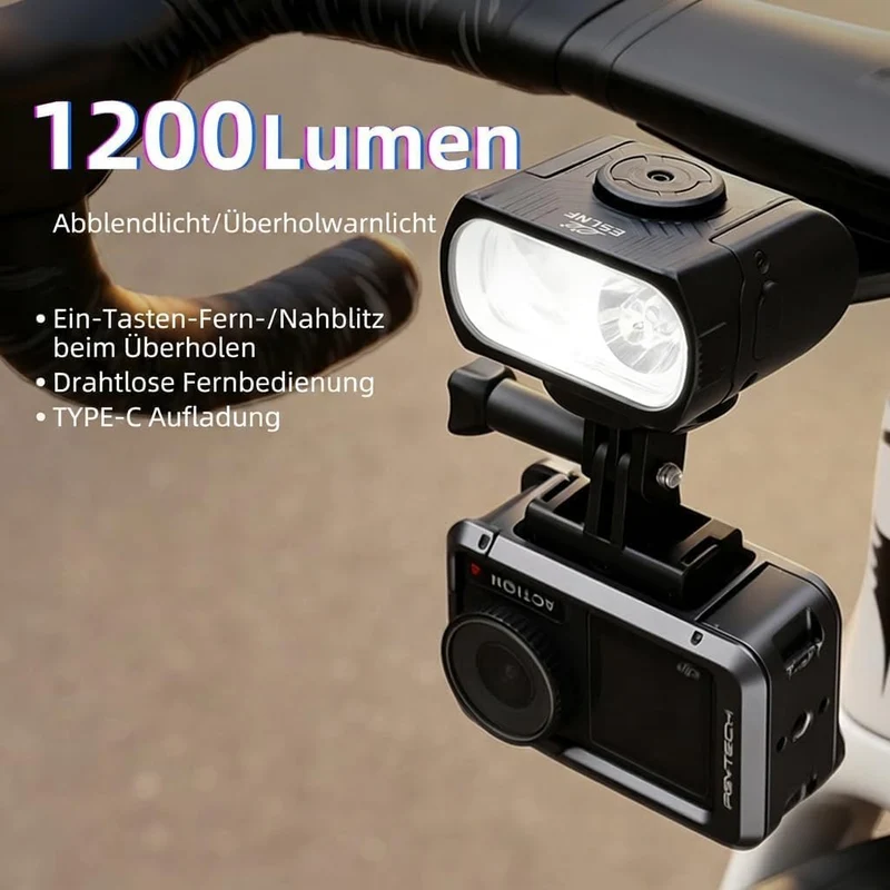1200 Lumen Fahrradlicht vorne mit Halterung für GoPro/Fahrradcomputer, 3400mAh Akku Aufladbar Supear