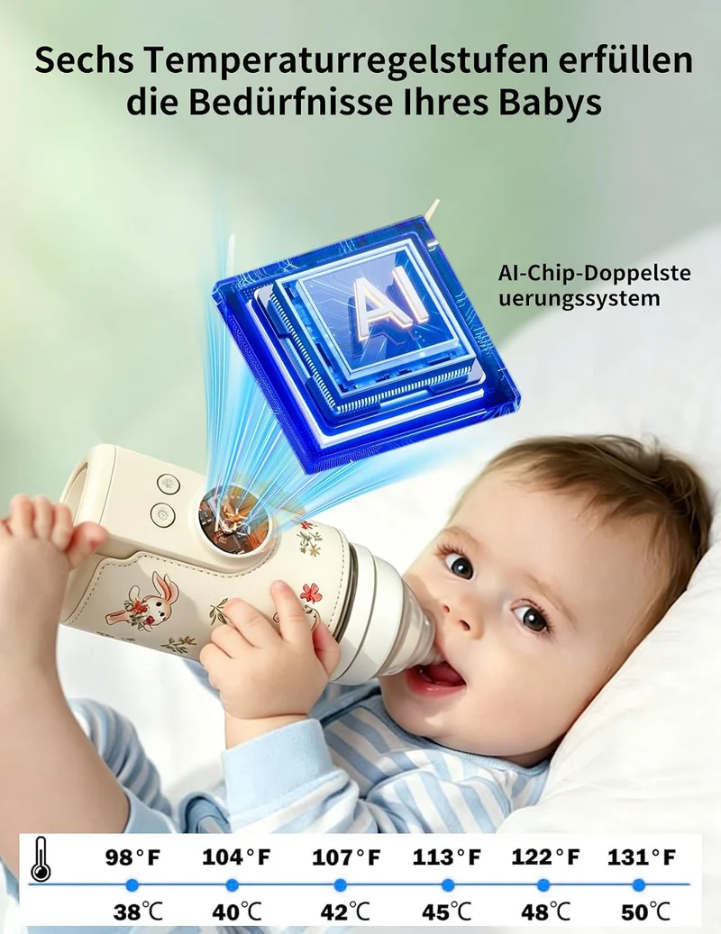Flaschenwärmer Baby, Babyflaschenwärmer mit 8000mAh Akku, 6 Temperaturstufen 38-50℃, LED-Anzeige & N