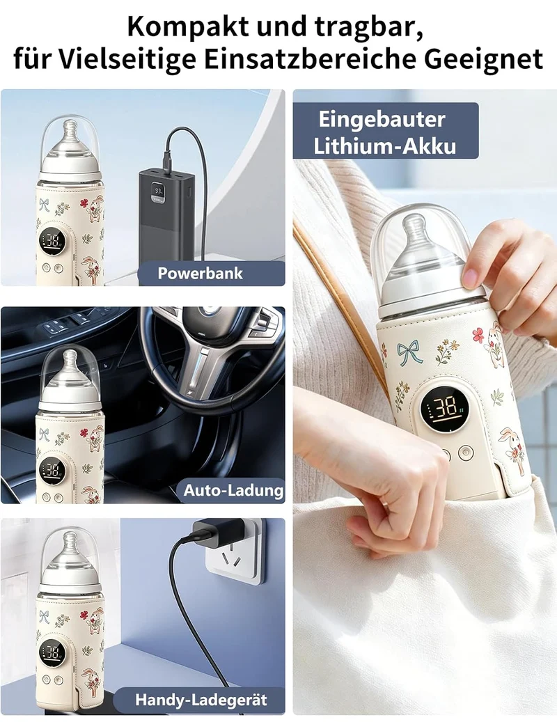 Flaschenwärmer Baby, Babyflaschenwärmer mit 8000mAh Akku, 6 Temperaturstufen 38-50℃, LED-Anzeige & N