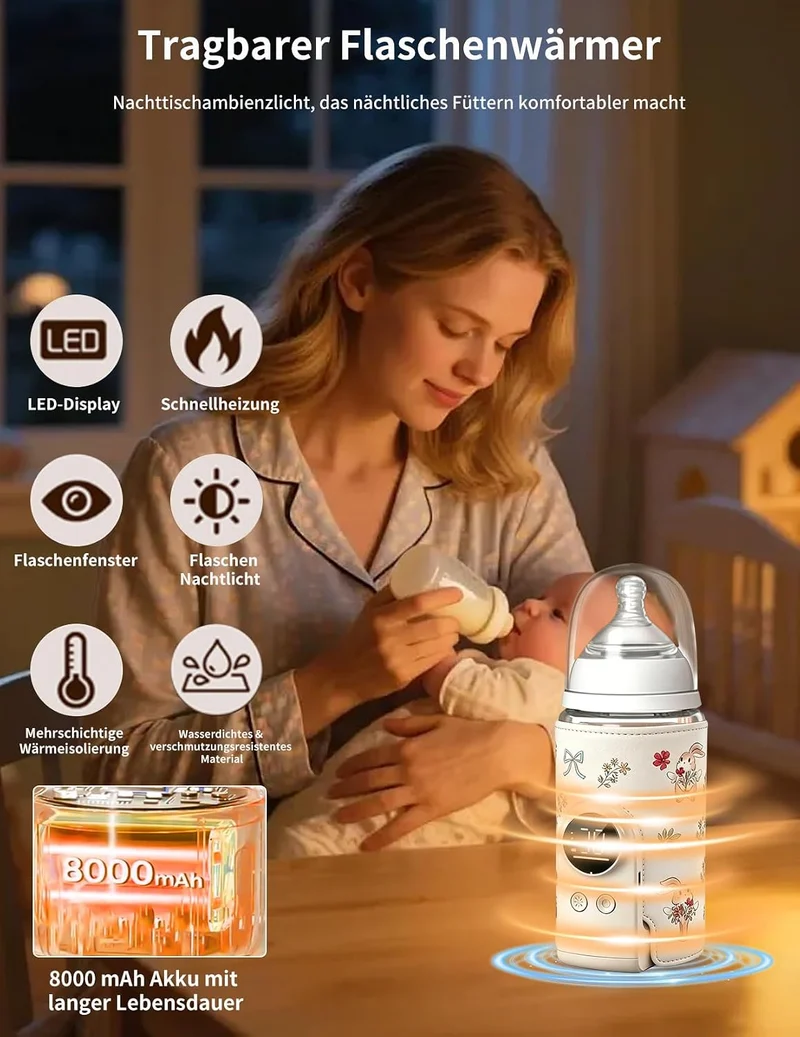 Flaschenwärmer Baby, Babyflaschenwärmer mit 8000mAh Akku, 6 Temperaturstufen 38-50℃, LED-Anzeige & N