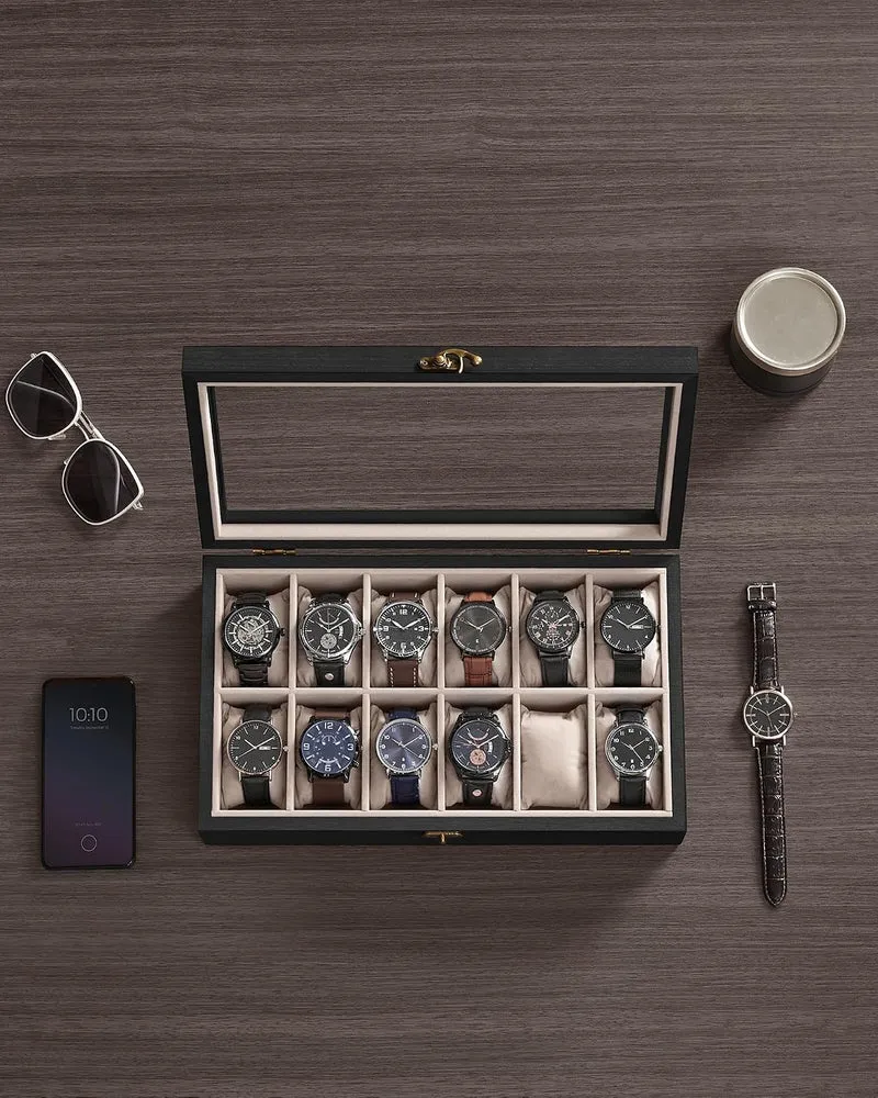SONGMICS Uhrenbox mit 12 Fächern, Uhrenkasten aus Massivholz, mit Glasdeckel, Uhrenkissen, Geschenk