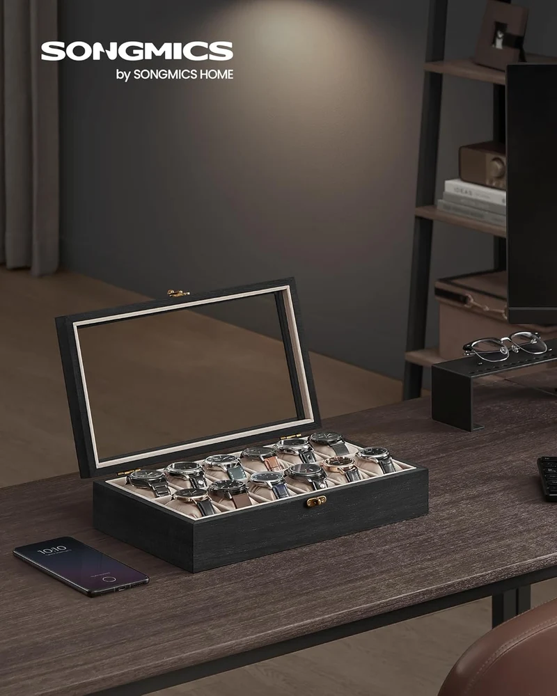 SONGMICS Uhrenbox mit 12 Fächern, Uhrenkasten aus Massivholz, mit Glasdeckel, Uhrenkissen, Geschenk
