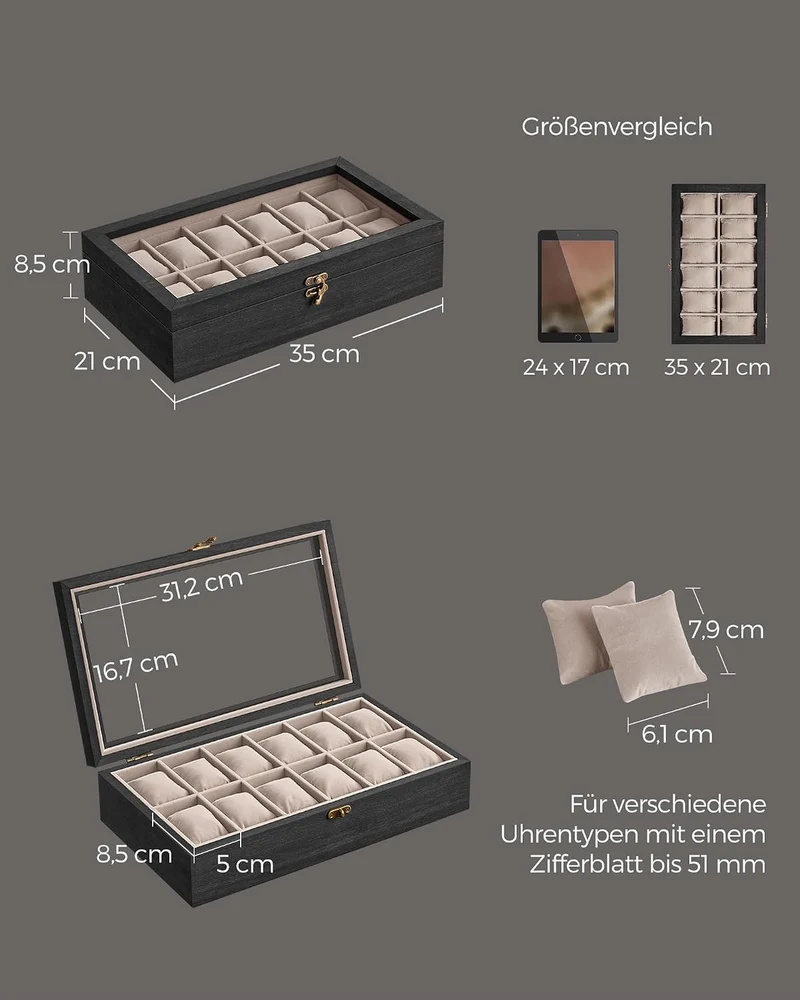 SONGMICS Uhrenbox mit 12 Fächern, Uhrenkasten aus Massivholz, mit Glasdeckel, Uhrenkissen, Geschenk