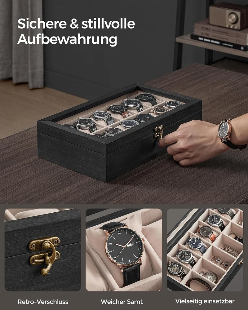 SONGMICS Uhrenbox mit 12 Fächern, Uhrenkasten aus Massivholz, mit Glasdeckel, Uhrenkissen, Geschenk