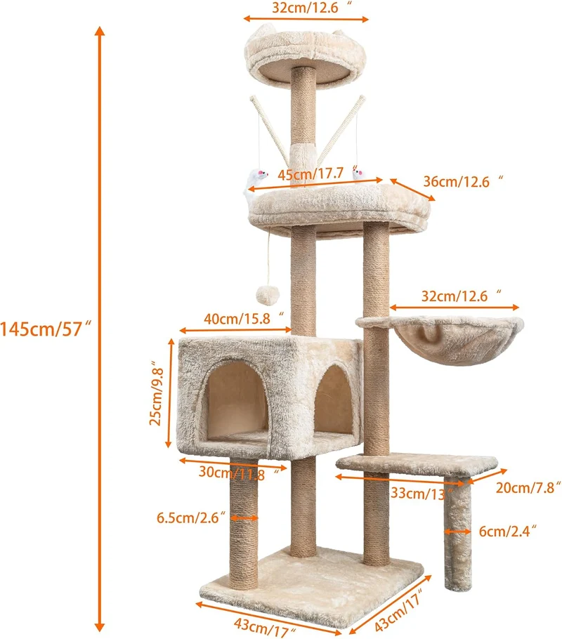 Katzen Kratzbaum, 145 cm Katzenbaum Kletterturm, Kletterbaum Aktivitätskratzbäum mit Säulen vollstän