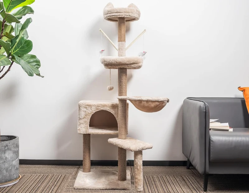 Katzen Kratzbaum, 145 cm Katzenbaum Kletterturm, Kletterbaum Aktivitätskratzbäum mit Säulen vollstän