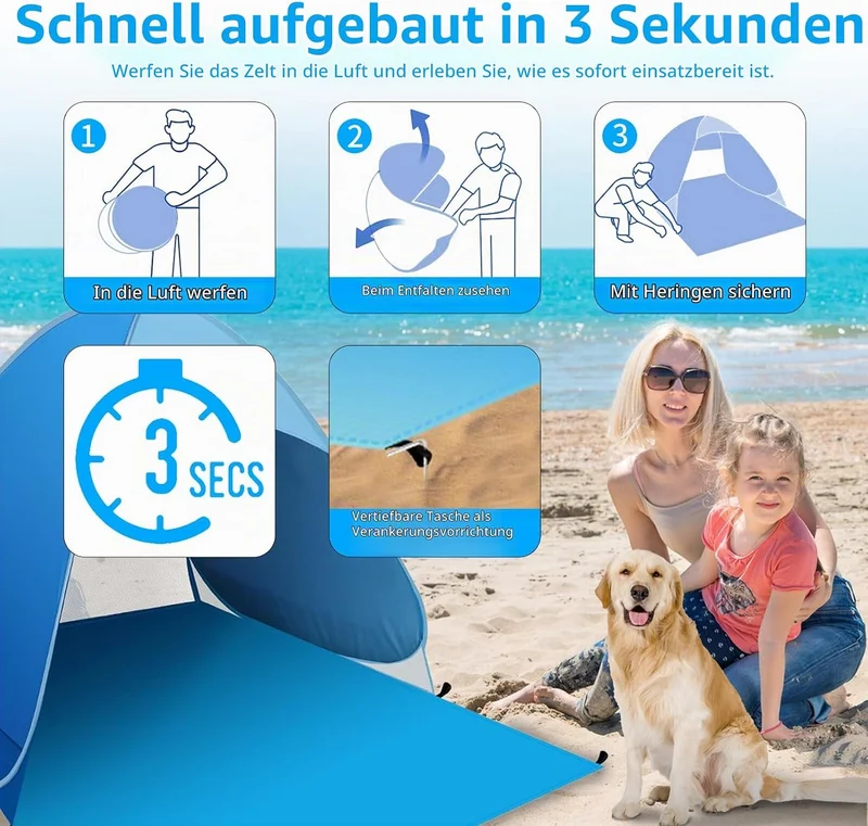 Strandmuschel Pop Up, Tragbares Automatisches Wasserdichtes Schattenzelt, UPF 50+ Strandzelt für 1-3