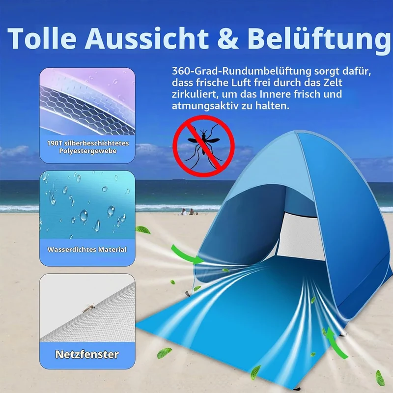 Strandmuschel Pop Up, Tragbares Automatisches Wasserdichtes Schattenzelt, UPF 50+ Strandzelt für 1-3