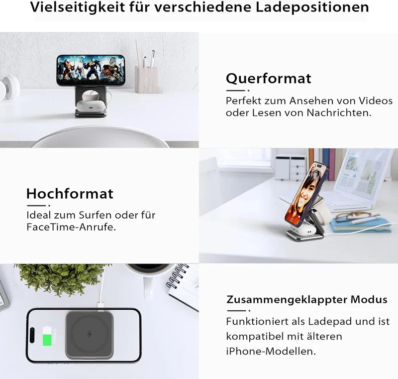 KU XIU X40 3 in 1 Induktive Ladestation – Magnetisches Kabelloses Ladegerät, Faltbares Reiseladegerä