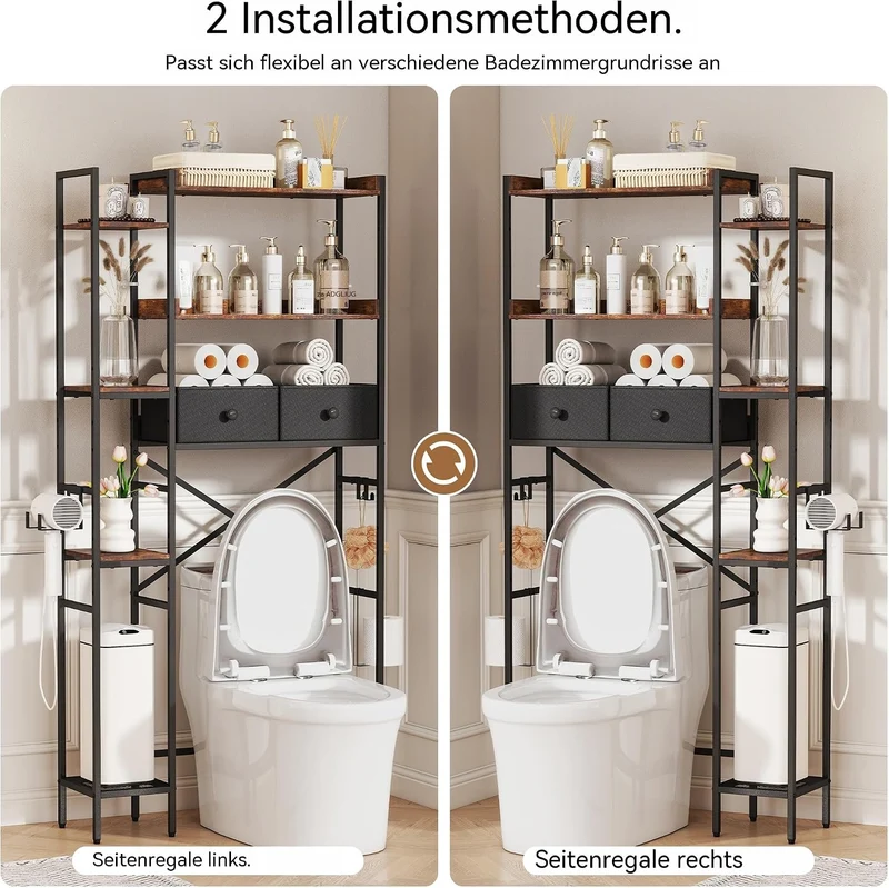 Wasserdicht Toilettenregal Höhenverstellbar Einfache Montage mit Körben Haken, Wc Regal über Toilett