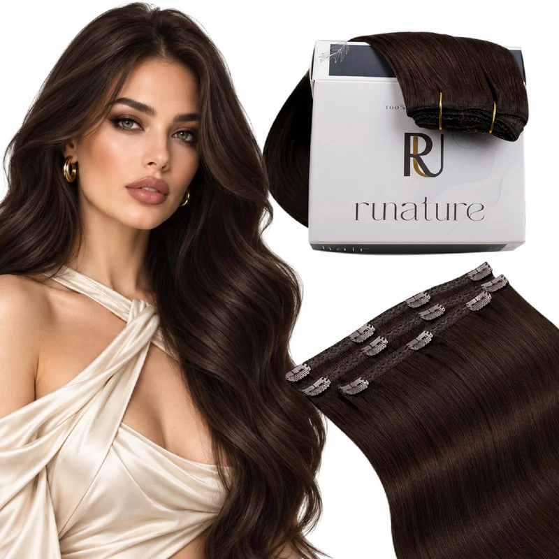 RUNATURE Extensions Echthaar Clip in Braun 40cm Dukelbraun Haarverlängerung Echte Haare 3Pcs 50g #2
