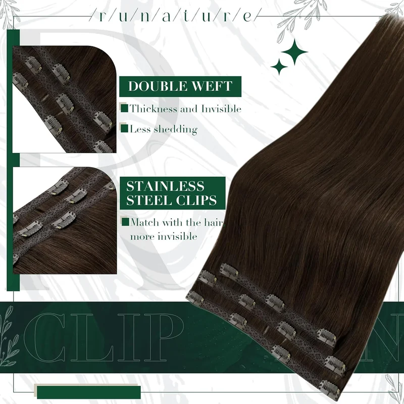 RUNATURE Extensions Echthaar Clip in Braun 40cm Dukelbraun Haarverlängerung Echte Haare 3Pcs 50g #2