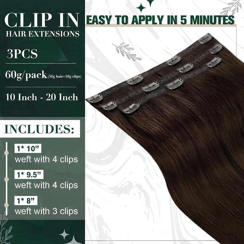 RUNATURE Extensions Echthaar Clip in Braun 40cm Dukelbraun Haarverlängerung Echte Haare 3Pcs 50g #2