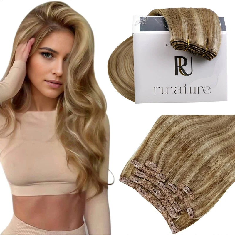 RUNATURE Clip in Extensions Echthaar Braun Hervorheben Blond Echthaar Extensions Clip 45cm Echte Haa