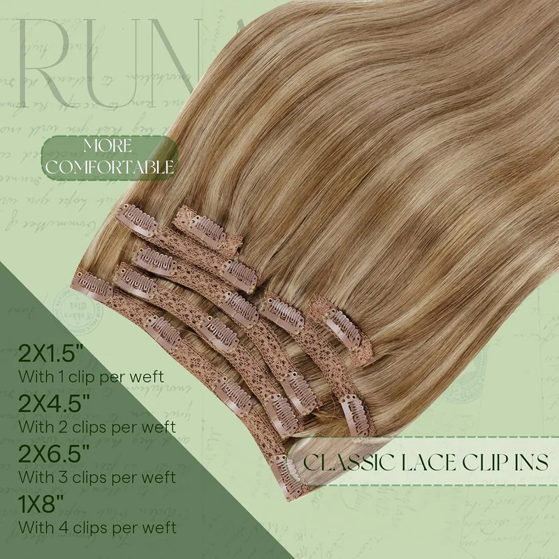 RUNATURE Clip in Extensions Echthaar Braun Hervorheben Blond Echthaar Extensions Clip 45cm Echte Haa
