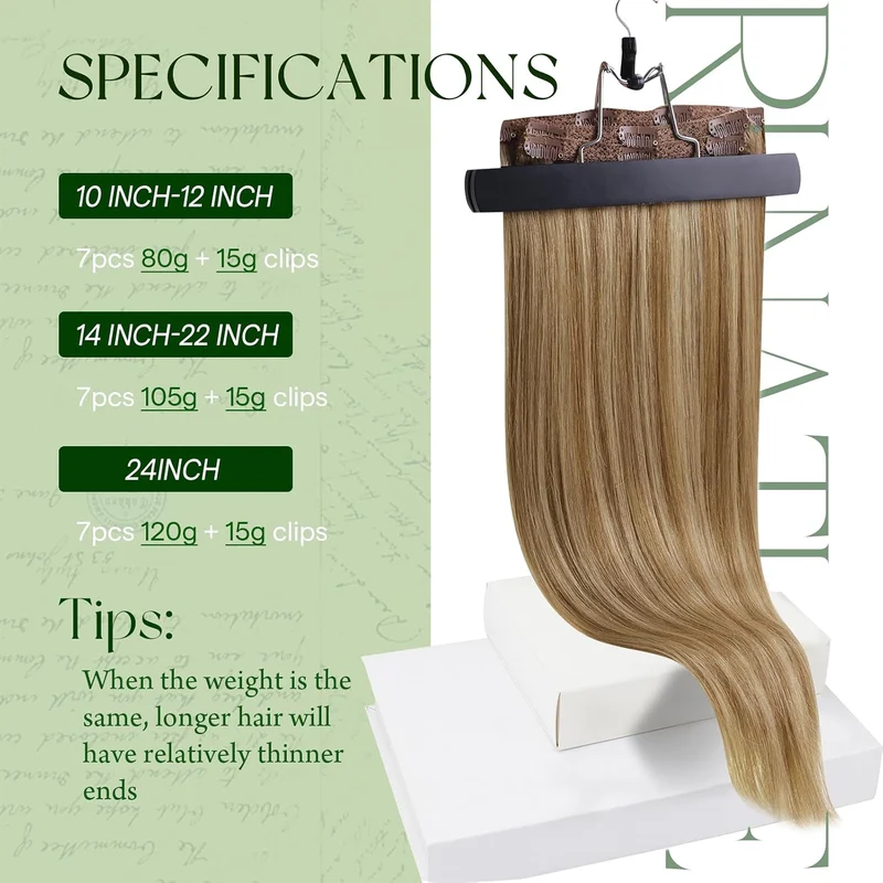 RUNATURE Clip in Extensions Echthaar Braun Hervorheben Blond Echthaar Extensions Clip 45cm Echte Haa