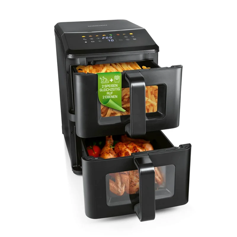 GOURMETmaxx FryUp vertikale Doppelkammer Heissluftfritteuse mit Sichtfenster - 10 L | Airfryer mit 9