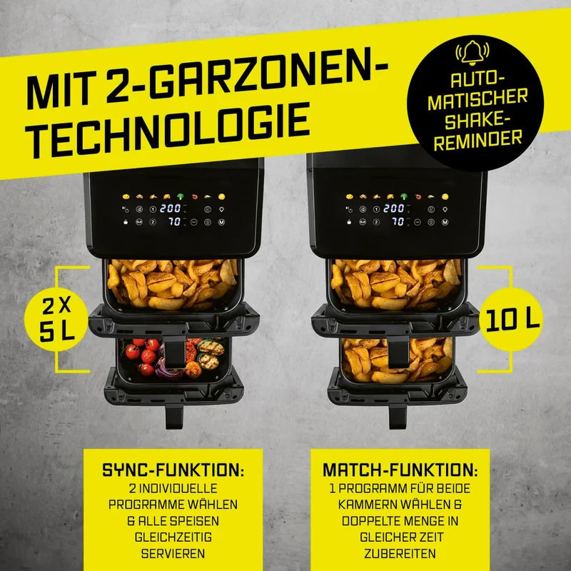 GOURMETmaxx FryUp vertikale Doppelkammer Heissluftfritteuse mit Sichtfenster - 10 L | Airfryer mit 9