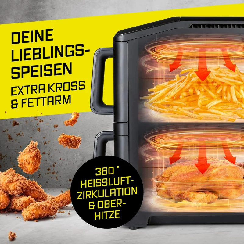 GOURMETmaxx FryUp vertikale Doppelkammer Heissluftfritteuse mit Sichtfenster - 10 L | Airfryer mit 9