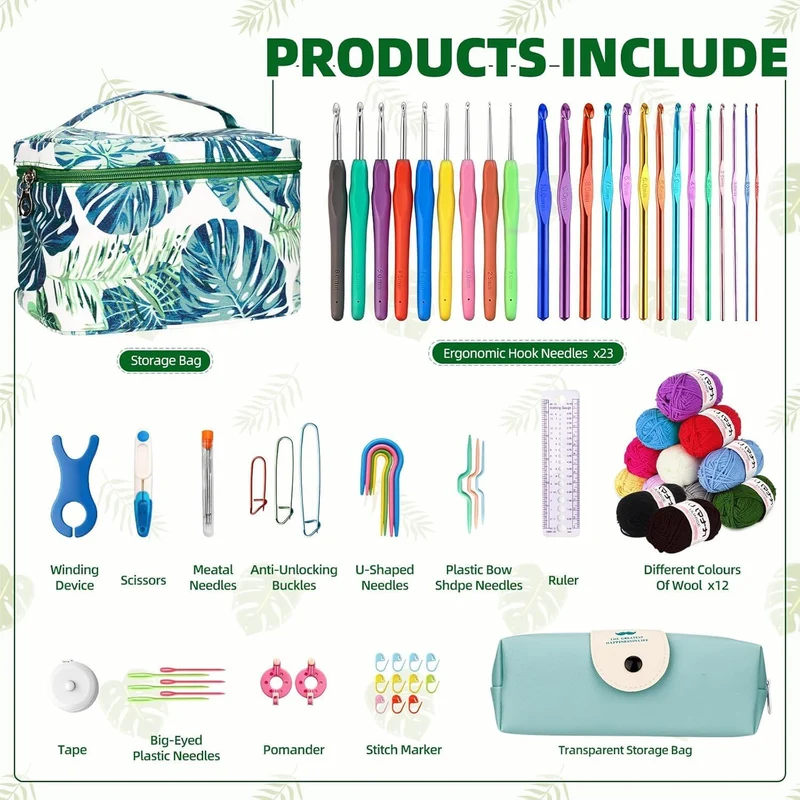 TOSUTO Häkelset für Anfänger,Tragbar Häkelnadel mit 12 Wolle,Häkelwolle Set,Stricken für Anfänger Se