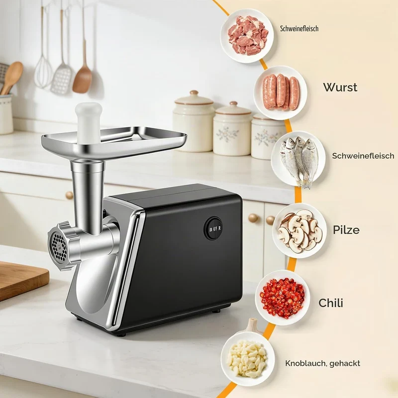 Fleischwolf Elektrisch 4 In 1 Für Fleisch,Wurst,Gemüse Käse,Leise & Überhitzungsschutz, Edelstahl &