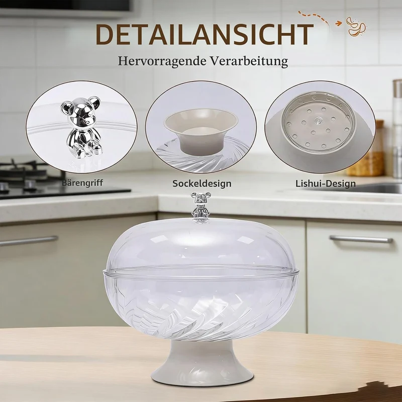 Obstschale mit Deckel und Abtropfeinsatz Transparent – Kunststoff Fruchtschale mit Fuss für Tischdek