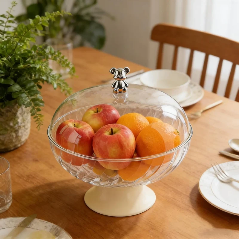 Obstschale mit Deckel und Abtropfeinsatz Transparent – Kunststoff Fruchtschale mit Fuss für Tischdek