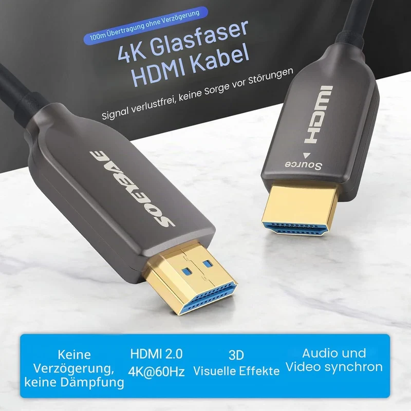 SOEYBAE 4K HDMI Glasfaserkabel 50M 4K@60Hz 18Gbps, Glasfaser HDMI 2.0b Kabel mit HDR10, HDCP 2.2 & 3