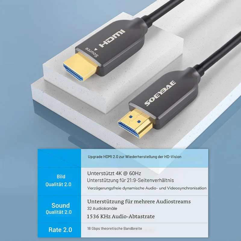 SOEYBAE 4K HDMI Glasfaserkabel 50M 4K@60Hz 18Gbps, Glasfaser HDMI 2.0b Kabel mit HDR10, HDCP 2.2 & 3