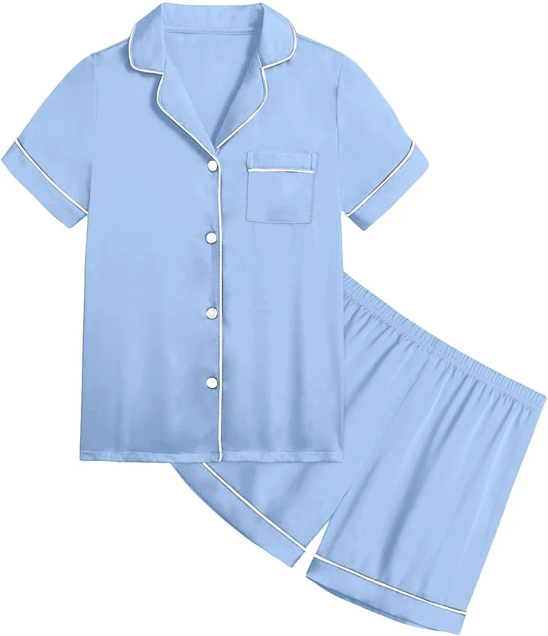 Schlafanzug Mädchen Kurz Satin Pyjama Kinder Schlafanzug Teenager Weiche Atmungsaktive Sommer Kurzar