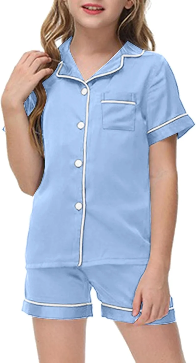Schlafanzug Mädchen Kurz Satin Pyjama Kinder Schlafanzug Teenager Weiche Atmungsaktive Sommer Kurzar
