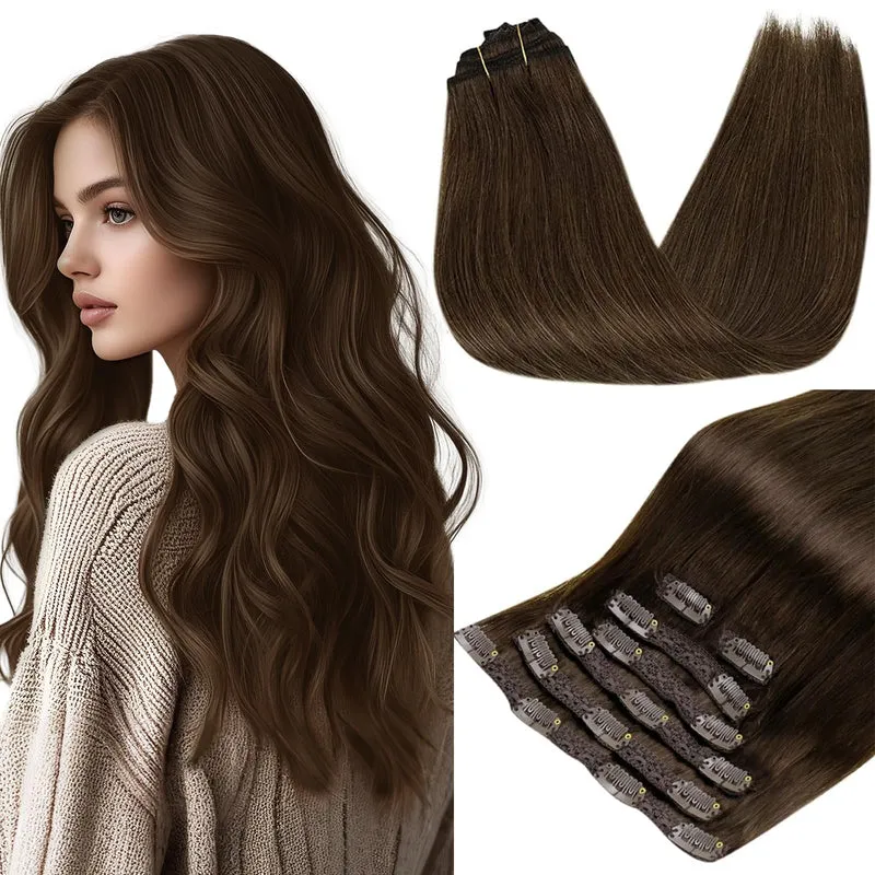 RUNATURE Clip in Extensions Echthaar Mittel Braun 30cm Kurz Echthaar Extensions Clip in Haarverlänge