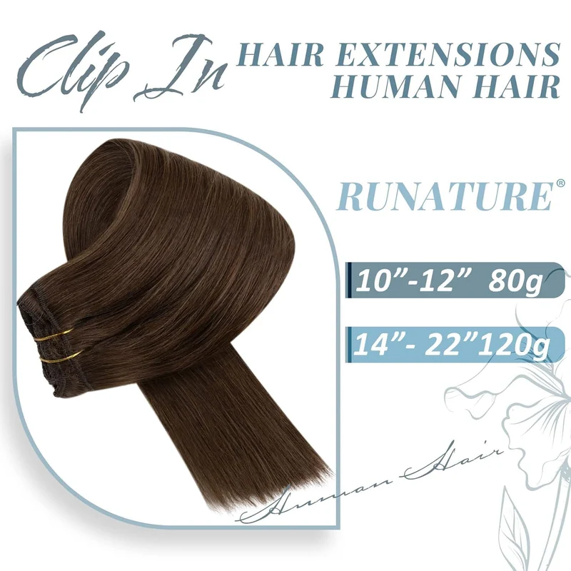 RUNATURE Clip in Extensions Echthaar Mittel Braun 30cm Kurz Echthaar Extensions Clip in Haarverlänge