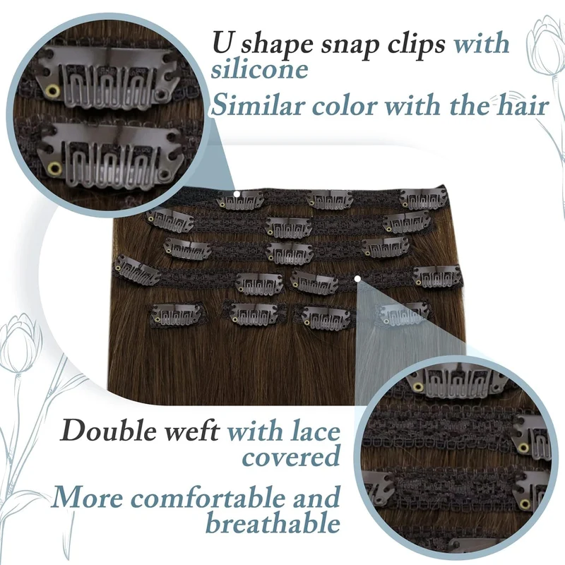 RUNATURE Clip in Extensions Echthaar Mittel Braun 30cm Kurz Echthaar Extensions Clip in Haarverlänge